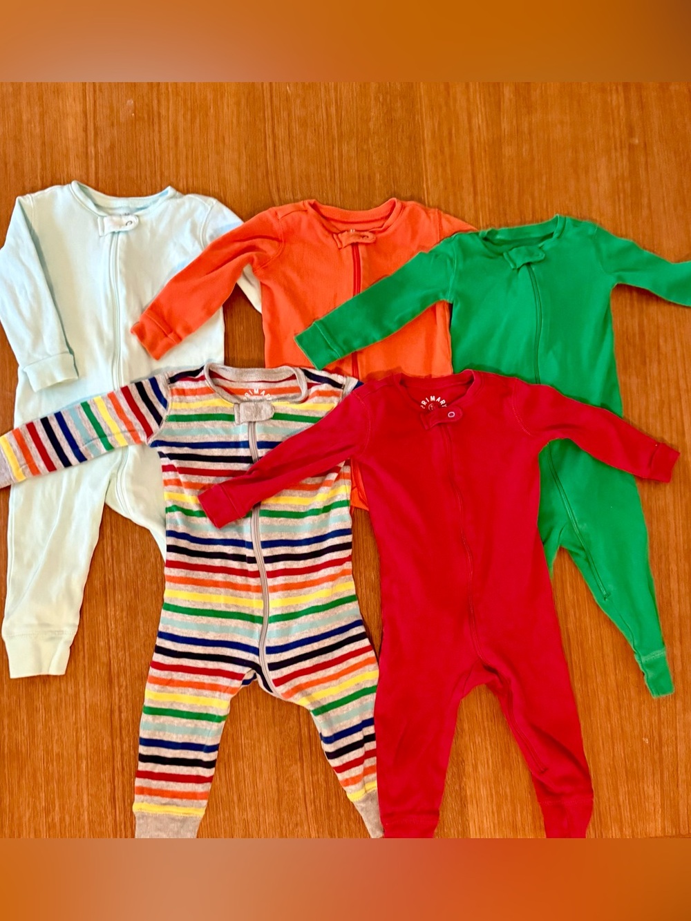 Primary Cotton Zipper Footies in Light Blue, Orange, Green, Red & Rainbow Stripe